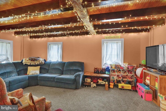 living room with carpet flooring, a wealth of natural light, beamed ceiling, and wood ceiling