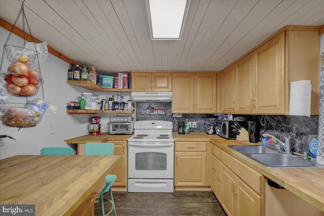 kitchen with light brown cabinets, electric stove, sink, dark hardwood / wood-style floors, and butcher block countertops