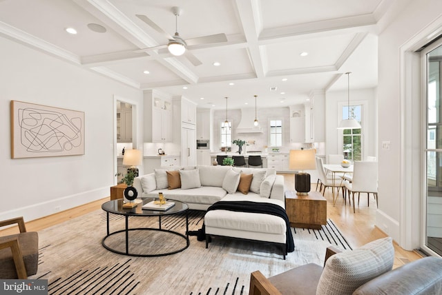 living room with beamed ceiling, a healthy amount of sunlight, ceiling fan, and coffered ceiling