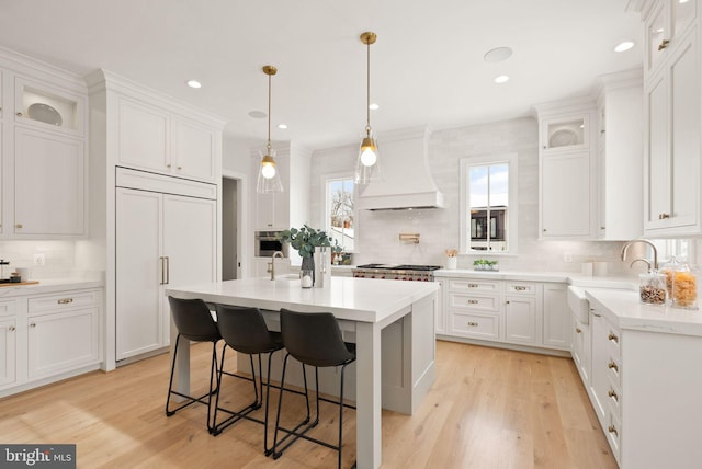 kitchen with white cabinets, premium range hood, and a kitchen island with sink