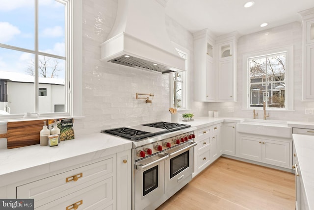 kitchen featuring premium range hood, decorative backsplash, white cabinetry, and double oven range