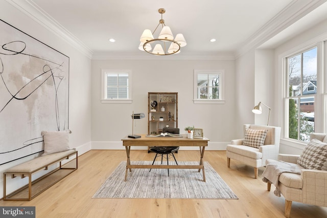 office area with light hardwood / wood-style floors, crown molding, and a chandelier