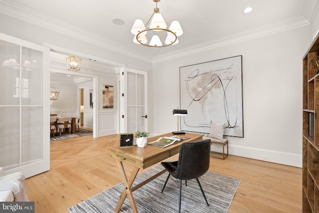 office area featuring hardwood / wood-style flooring, french doors, crown molding, and an inviting chandelier