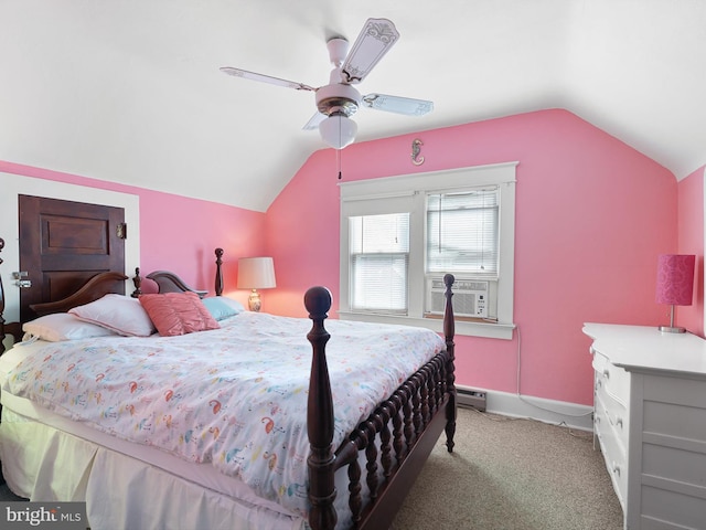 bedroom with cooling unit, baseboard heating, ceiling fan, carpet floors, and lofted ceiling