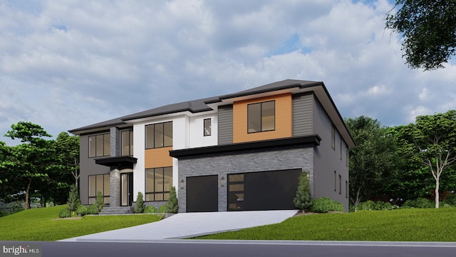 view of front of house with a garage and a front lawn