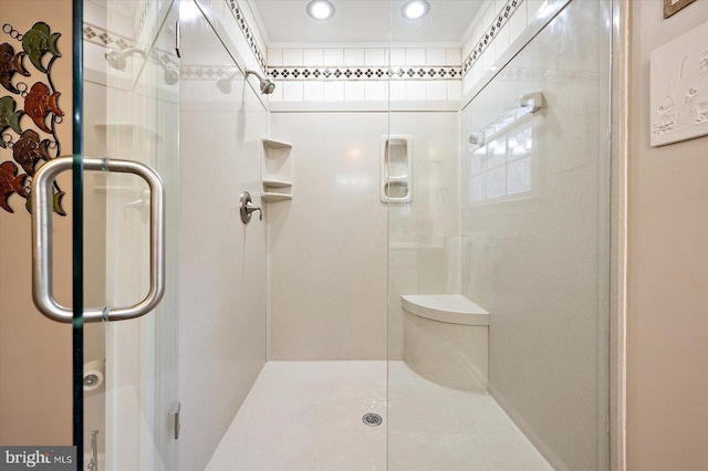 bathroom featuring a shower with door