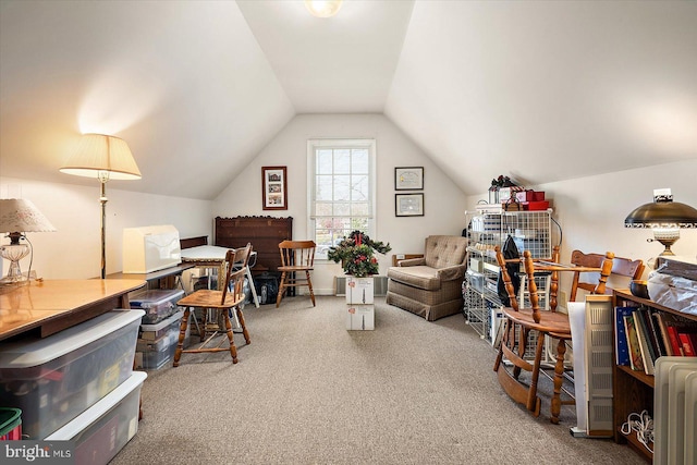 carpeted office space featuring vaulted ceiling