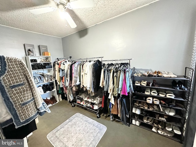 walk in closet with carpet flooring and ceiling fan