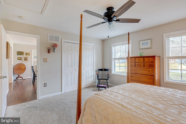 bedroom featuring light wood-type flooring and ceiling fan