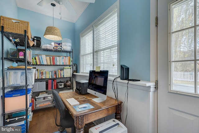 office area featuring hardwood / wood-style floors, plenty of natural light, ceiling fan, and crown molding