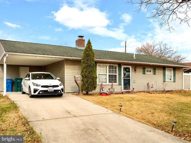 single story home with a carport and a front lawn