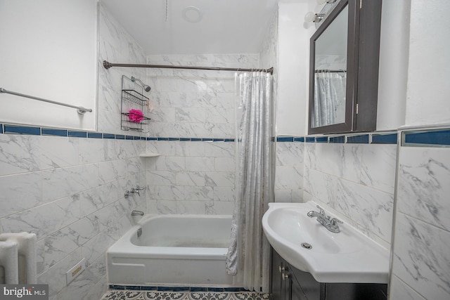 bathroom featuring shower / bath combination with curtain, sink, tile walls, and radiator