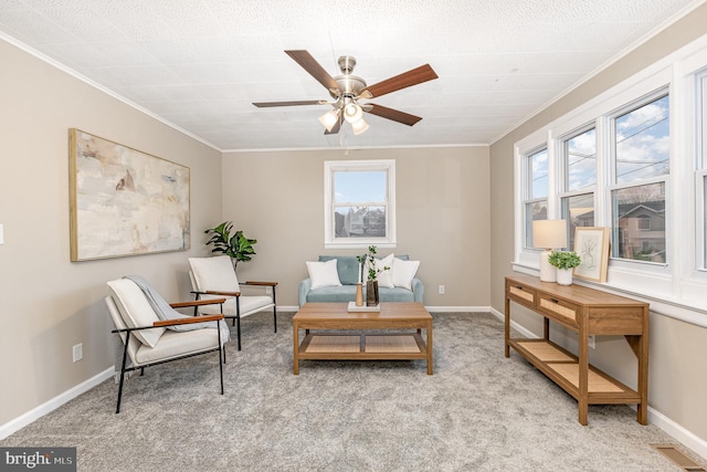 125 Evergreen St, Hummelstown, PA 17036 - living area featuring ornamental molding, carpet floors, plenty of natural light, and a ceiling fan