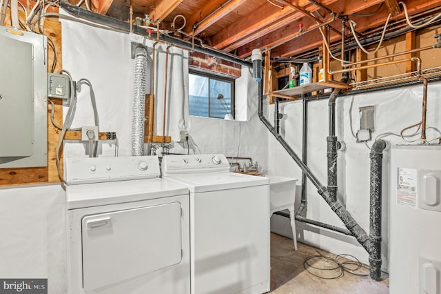 clothes washing area with independent washer and dryer, electric panel, and water heater