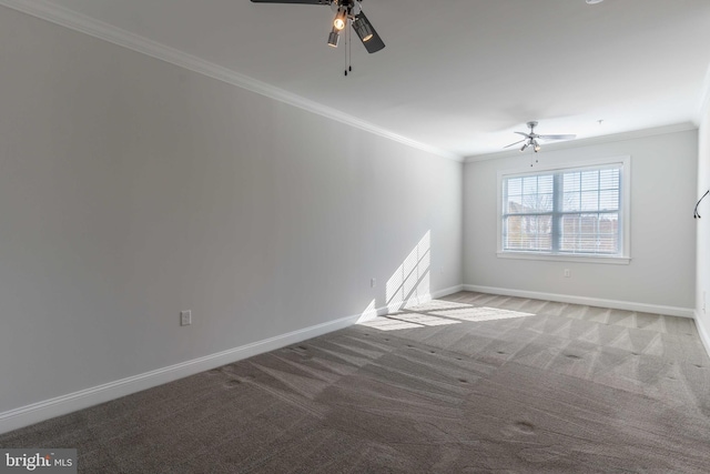 carpeted spare room featuring crown molding and ceiling fan