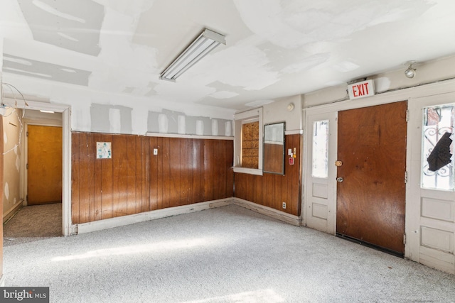 carpeted foyer featuring wood walls and a wealth of natural light