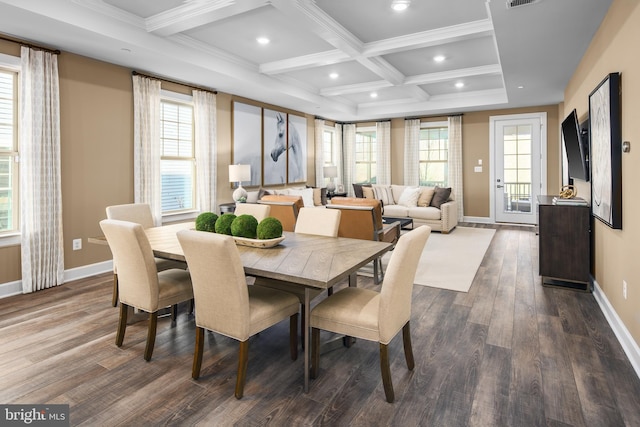 dining space with beamed ceiling, dark hardwood / wood-style floors, a healthy amount of sunlight, and coffered ceiling