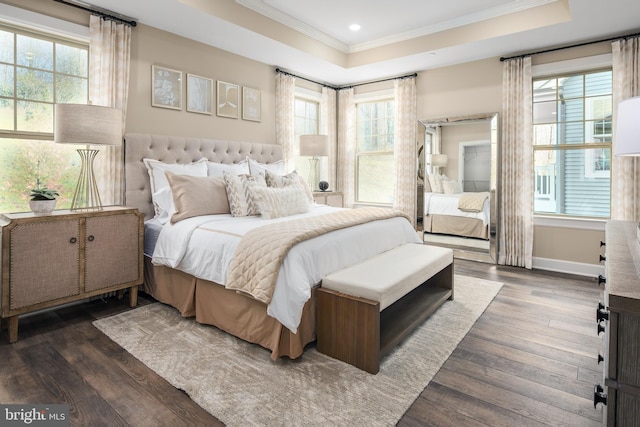 bedroom with dark hardwood / wood-style flooring, a raised ceiling, multiple windows, and crown molding