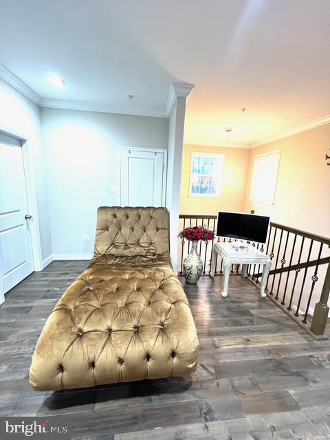 bedroom with dark hardwood / wood-style floors and crown molding