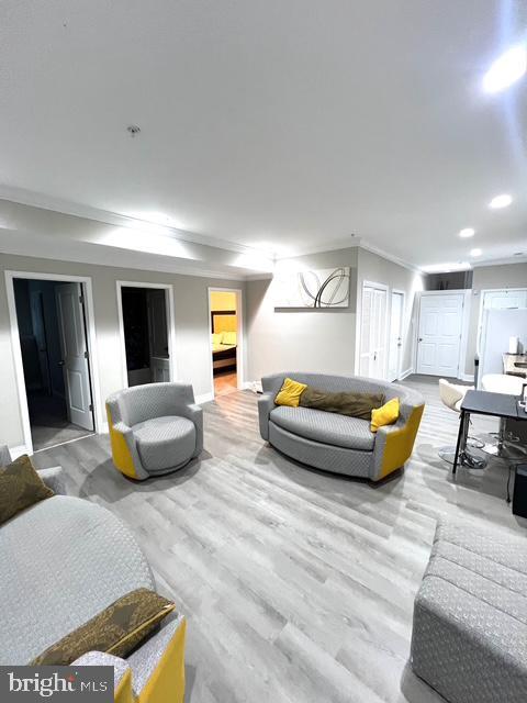 living room featuring crown molding and light hardwood / wood-style flooring