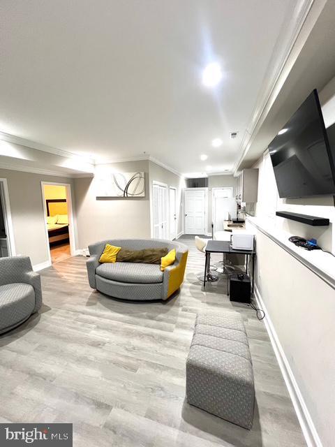 living room featuring crown molding and light hardwood / wood-style flooring