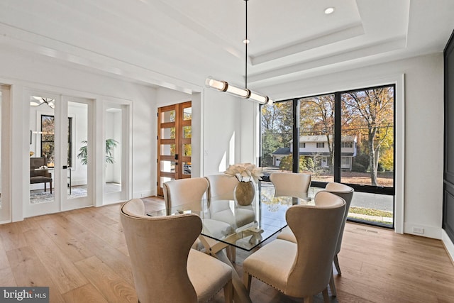 dining area with french doors, a healthy amount of sunlight, and light hardwood / wood-style floors