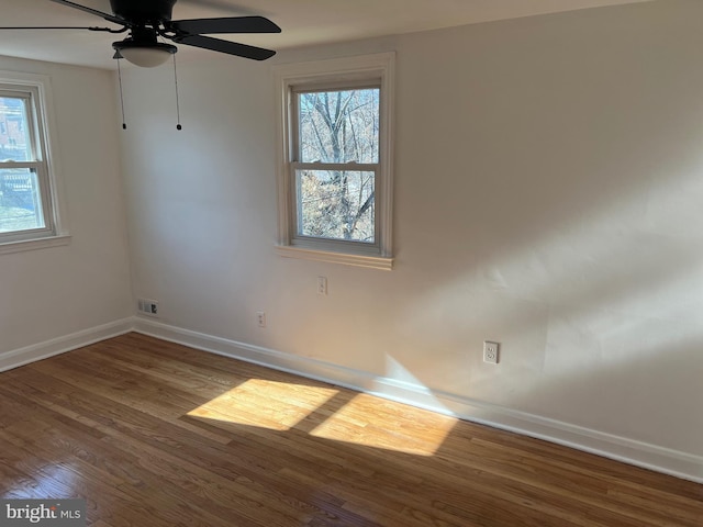 unfurnished room with wood-type flooring, a wealth of natural light, and ceiling fan