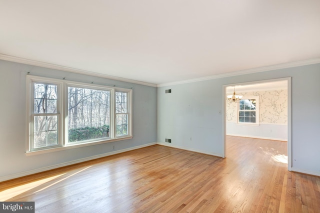 spare room with a wealth of natural light, light hardwood / wood-style flooring, and ornamental molding