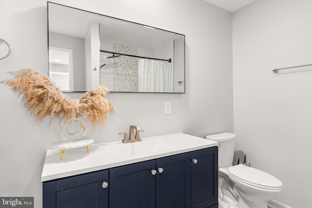 bathroom with vanity, toilet, and curtained shower