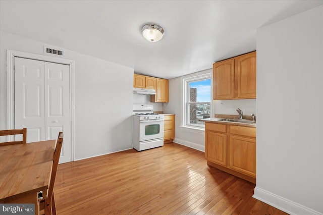 kitchen with light brown cabinetry, light hardwood / wood-style flooring, white range with gas cooktop, and sink