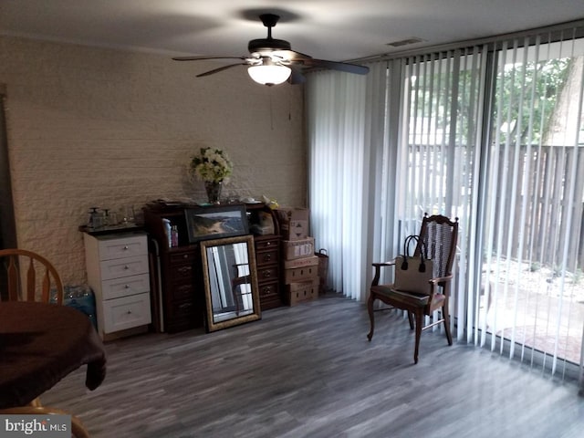 living area with ceiling fan and hardwood / wood-style flooring