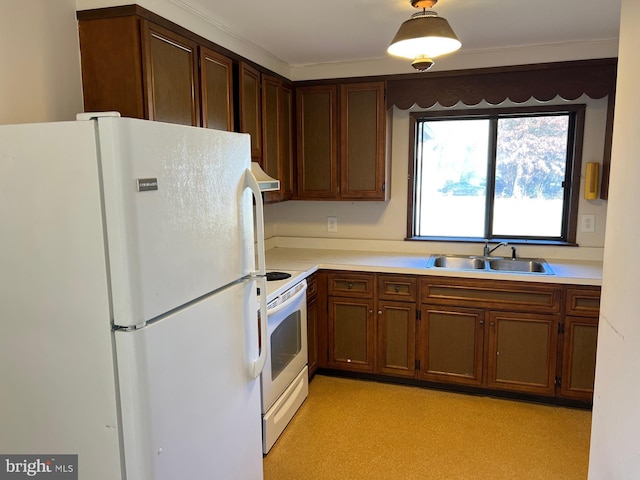 kitchen with crown molding, sink, white appliances, and range hood