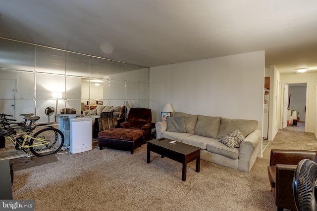 living room featuring light carpet