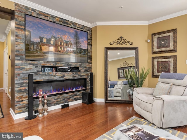 living room featuring a large fireplace, crown molding, and hardwood / wood-style floors