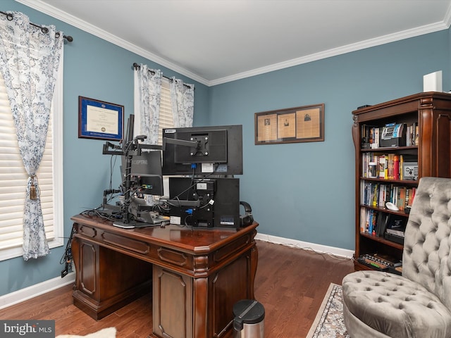 office space featuring crown molding and dark wood-type flooring