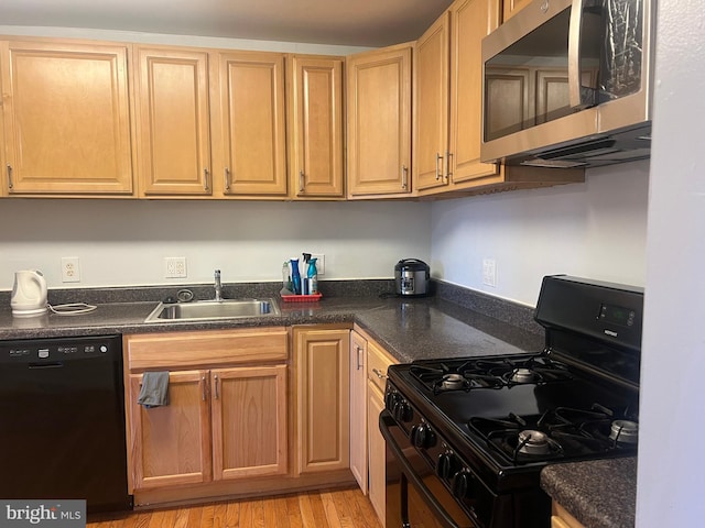 kitchen with black appliances, sink, and light hardwood / wood-style flooring