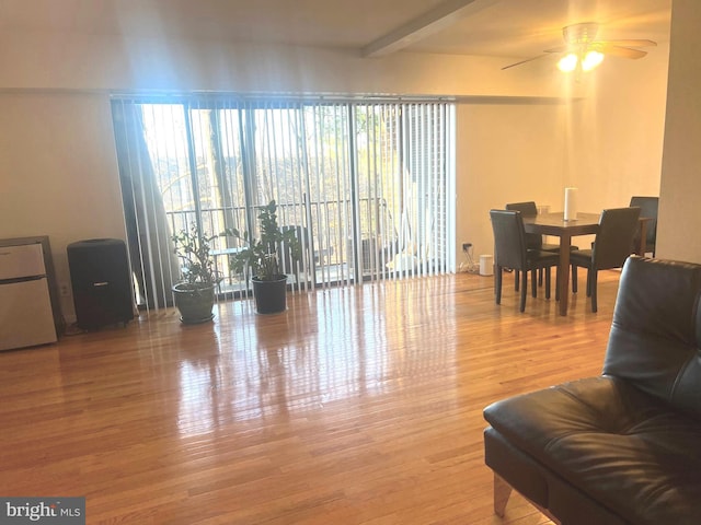 living room with hardwood / wood-style floors, ceiling fan, and beam ceiling