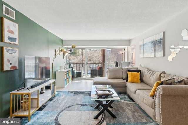 living room with a textured ceiling