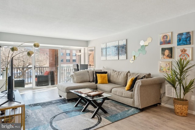 living room featuring a textured ceiling and light hardwood / wood-style floors