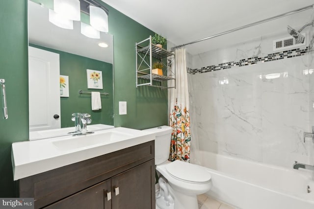 full bathroom with tile patterned floors, vanity, shower / bath combo, and toilet