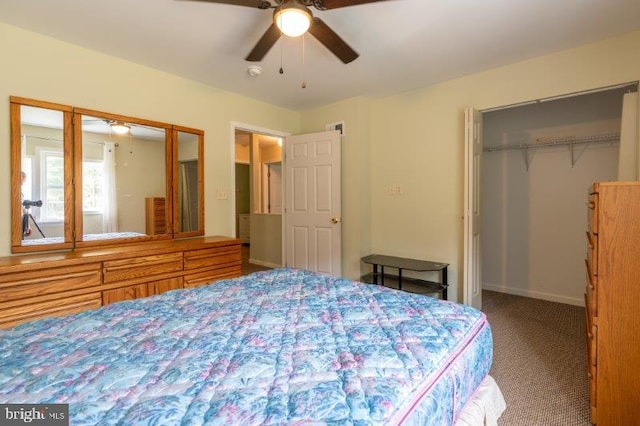 bedroom featuring carpet, a closet, and ceiling fan