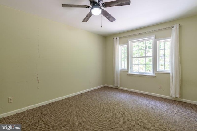 unfurnished room with ceiling fan and carpet