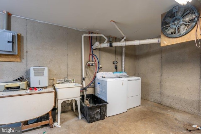 interior space with washing machine and clothes dryer, electric panel, and sink