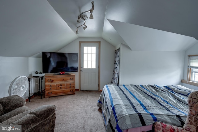 carpeted bedroom with multiple windows and lofted ceiling