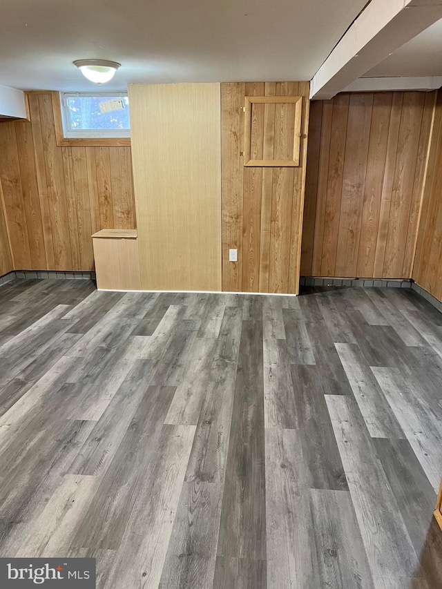 basement with dark hardwood / wood-style flooring and wood walls