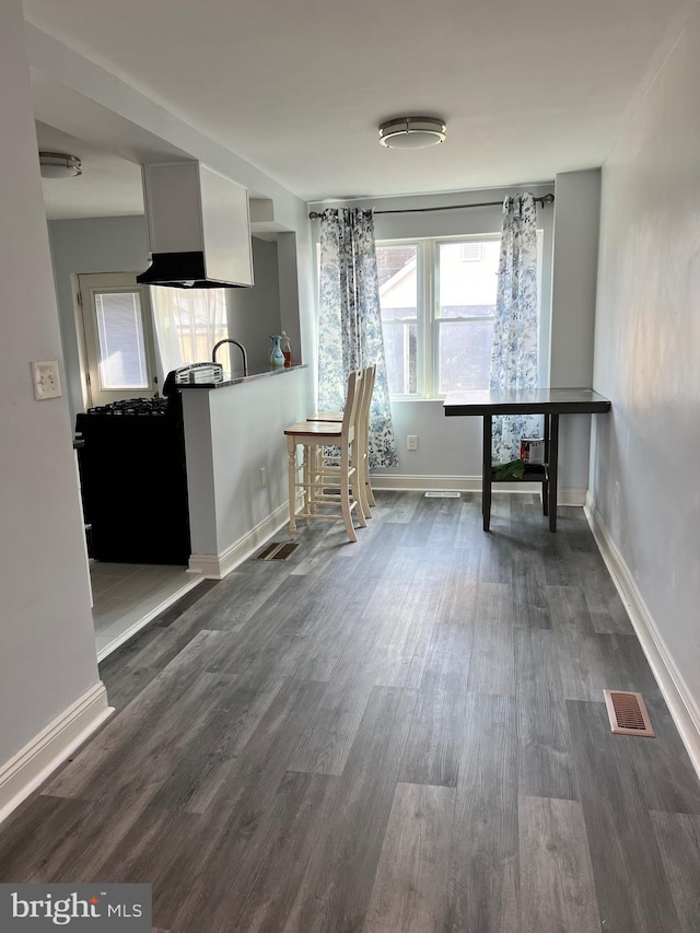 unfurnished dining area featuring dark wood-type flooring