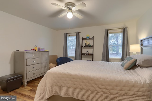 bedroom featuring multiple windows, light wood-type flooring, and ceiling fan