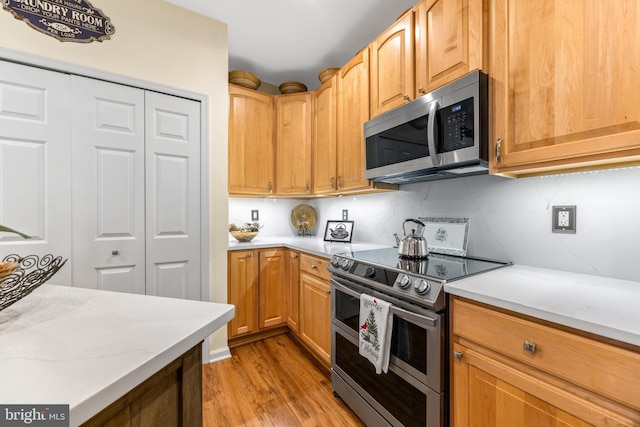 kitchen featuring stainless steel appliances, light stone counters, tasteful backsplash, and light hardwood / wood-style floors