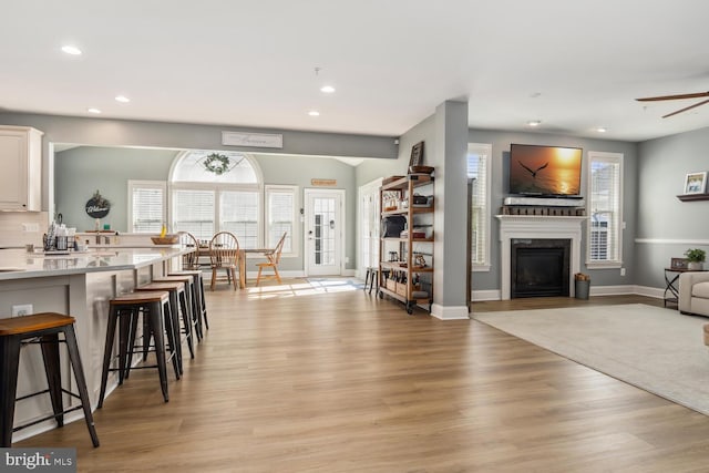 living room with ceiling fan and light wood-type flooring