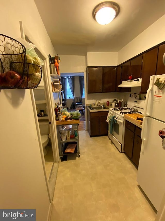 kitchen featuring dark brown cabinetry, sink, and white appliances